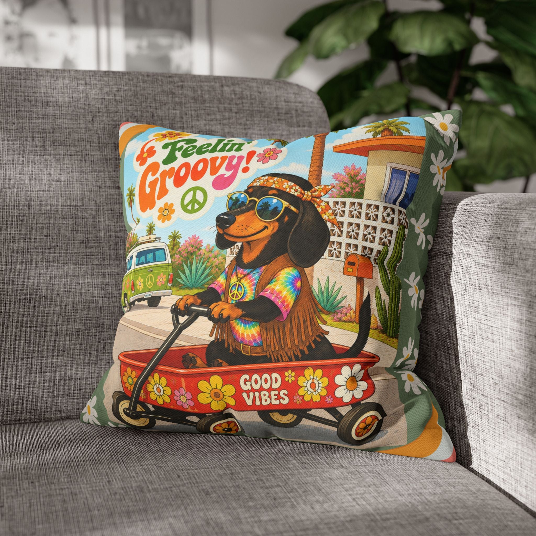 Feelin' Groovy retro Dachshund Pillowcase | 60s 70s pattern Square Decorative Pillow