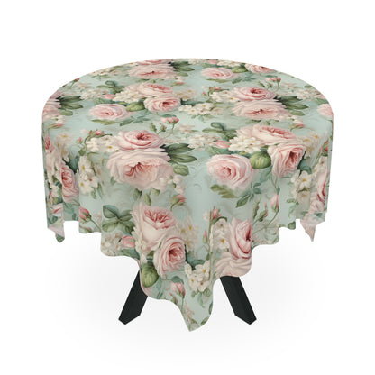 Vintage Shabby Chic Pink Roses and Delicate White Blooms Tablecloth