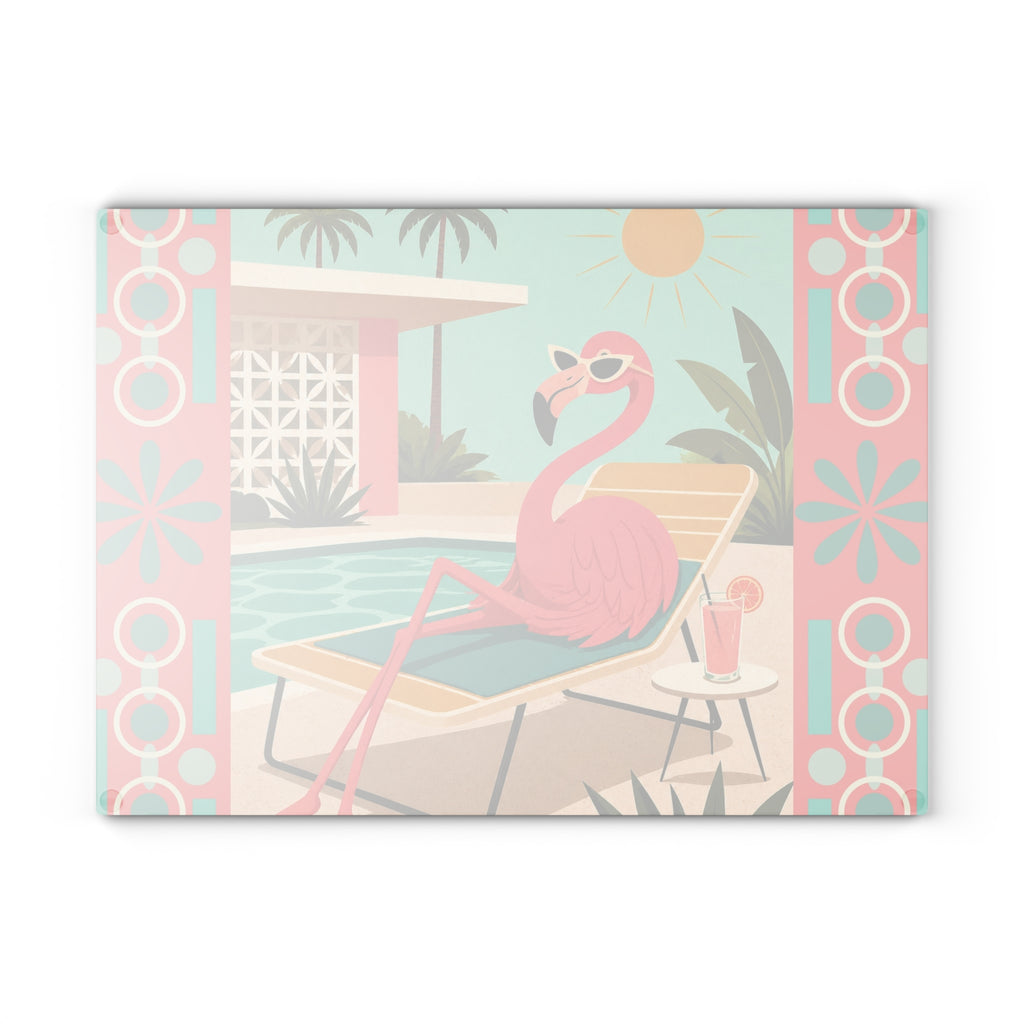 Retro Flamingo Poolside Glass Cutting Board | Mid Century Tropical Art
