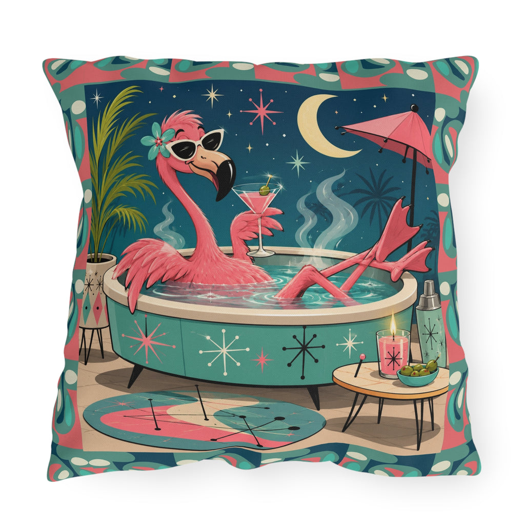 Retro Flamingo in Hot Tub Outdoor Pillow | Mid Century Tropical Patio Decor