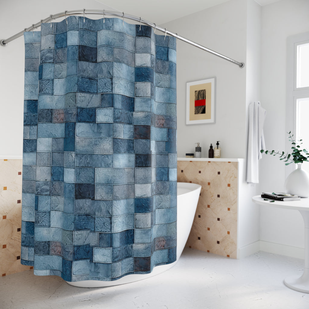Denim blue patchwork look retro style Shower Curtain, bathtub stall curtain, vintage inspired design