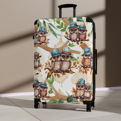 Cute Owl Suitcase on wheels, hard shell travel luggage secure and lockable for holidays, weekend, carry on suitcase