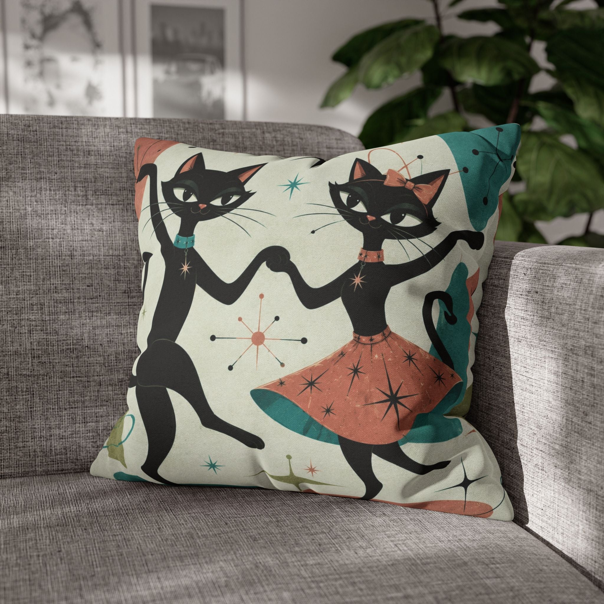 Dancing Retro Atomic Black Cats Pillowcase | Square Throw Pillowcase - COVER ONLY