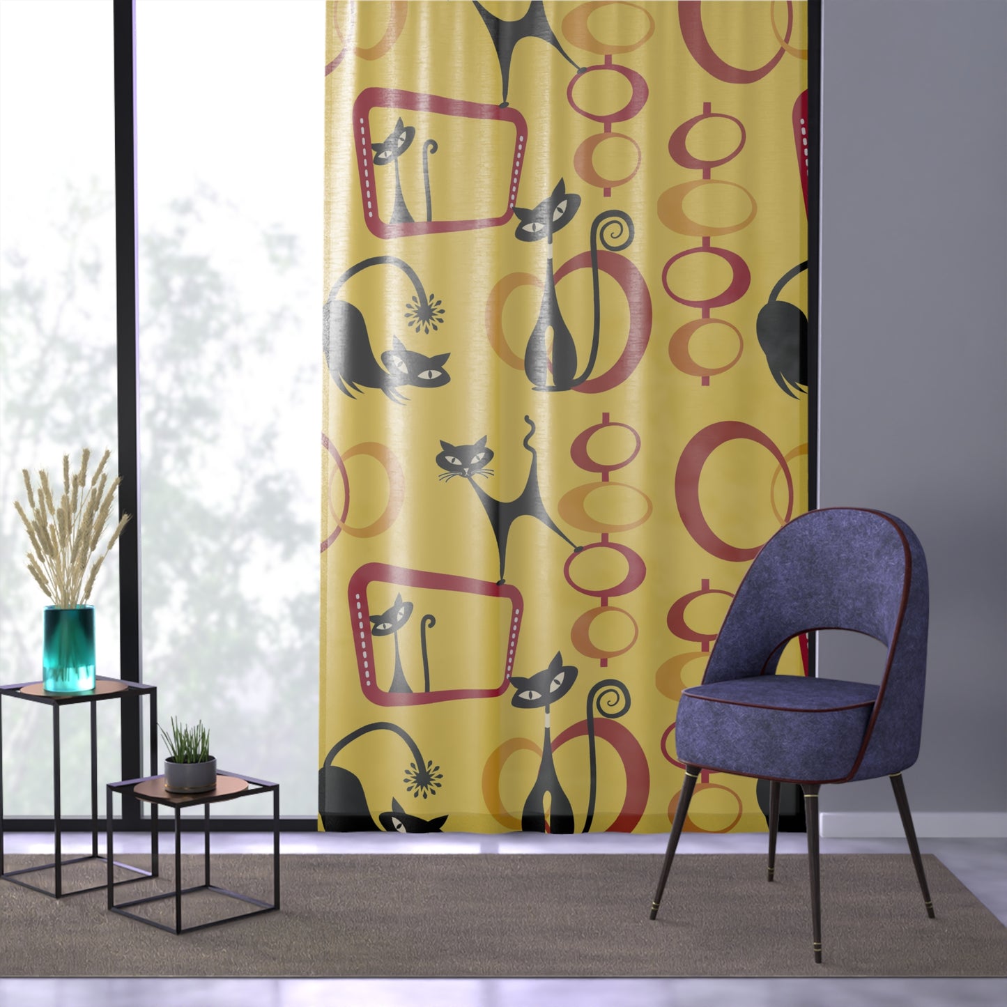 Yellow and red atomic cat retro inspired sheer Window Curtain, mid century modern, MCM home decor