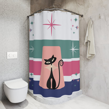 Atomic cat pink teal blue retro Shower Curtain, MCM bathroom, bathtub, Mid Century Modern, 50s 60s inspired, kitschy, black cat lover gift