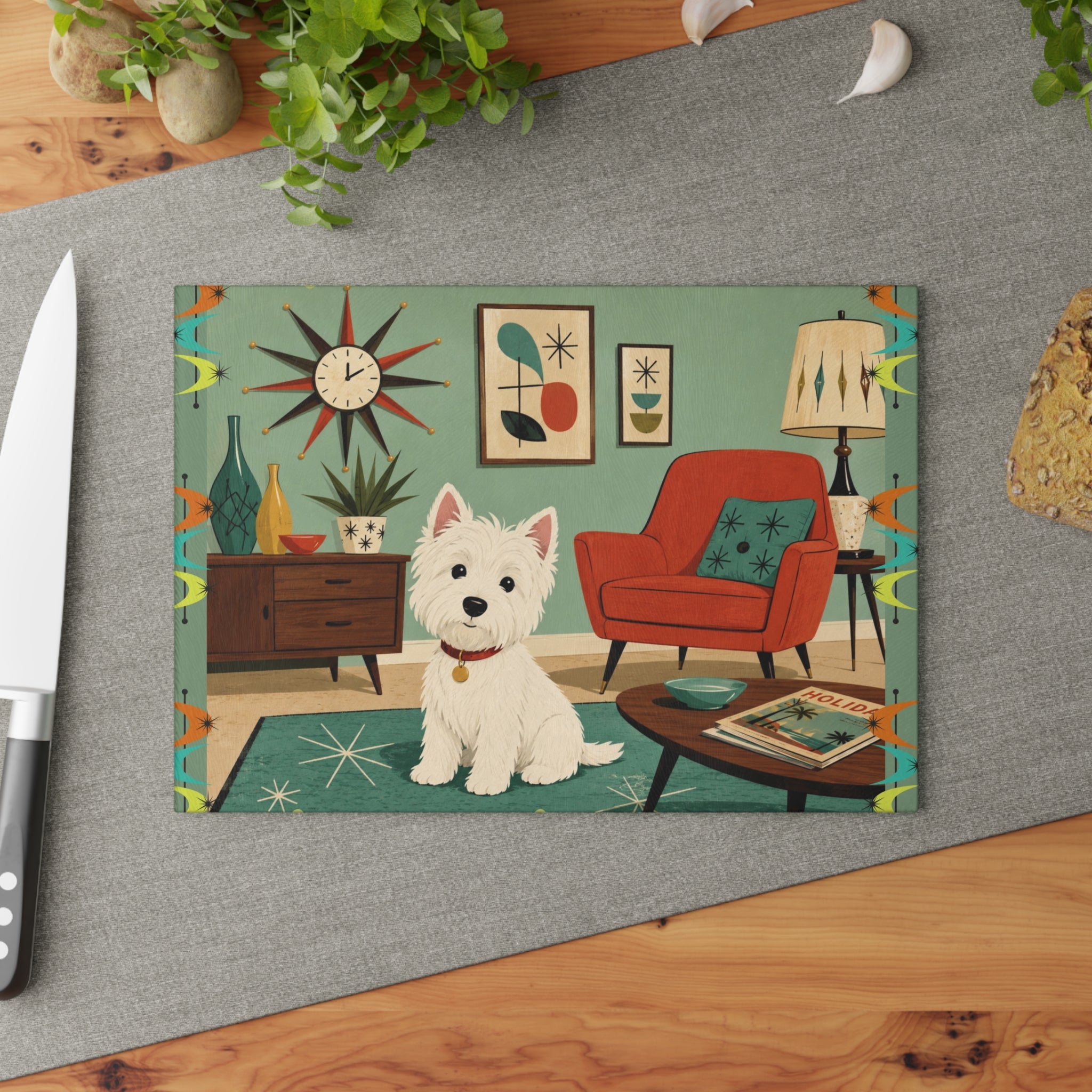 Westie in Mid-Century Living Room Glass Cutting Board | Retro Dog Kitchen Decor