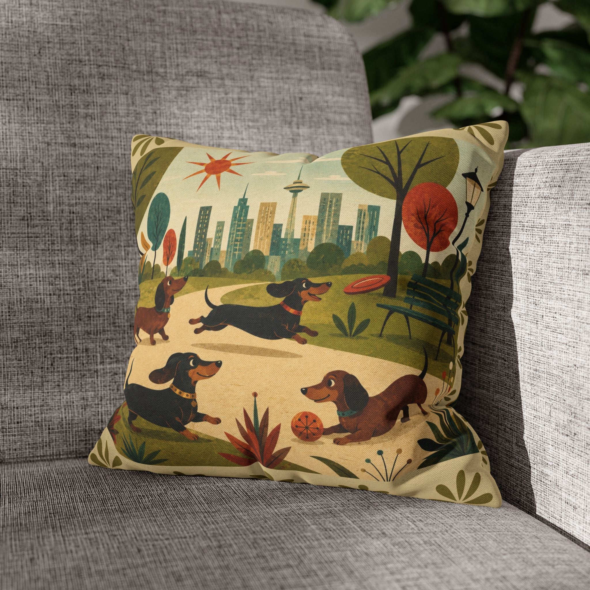 MCM Dachshund Park Scene Pillowcase | Square Decorative Throw Pillowcase - COVER ONLY