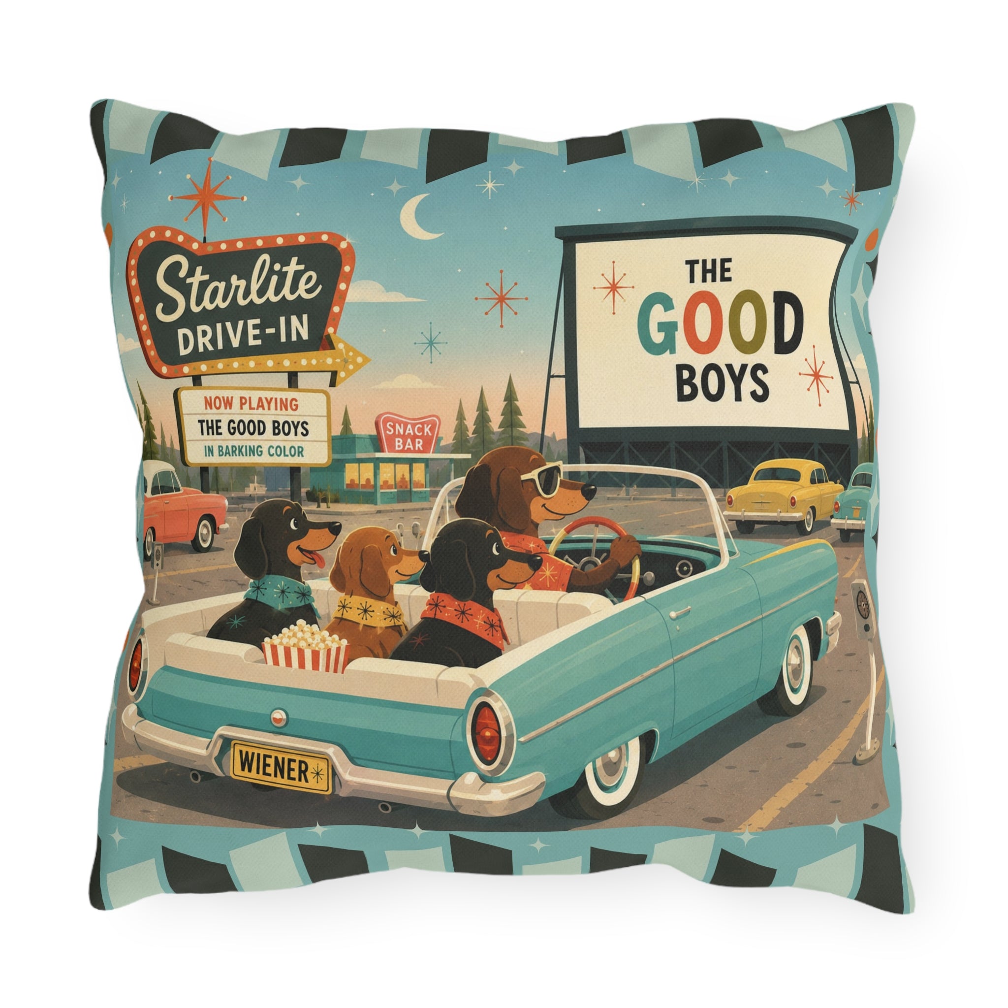 MCM Dachshund Drive-In Dogs Retro Art Outdoor Pillow | Vintage Movie Night