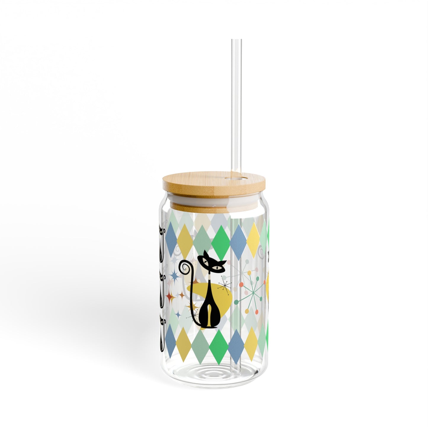 Atomic cat Sipper Glass, 16oz, Cute coffee glass, Glass tumbler, Cute coffee cup, Coffee glass with straw and lid, Iced coffee glass