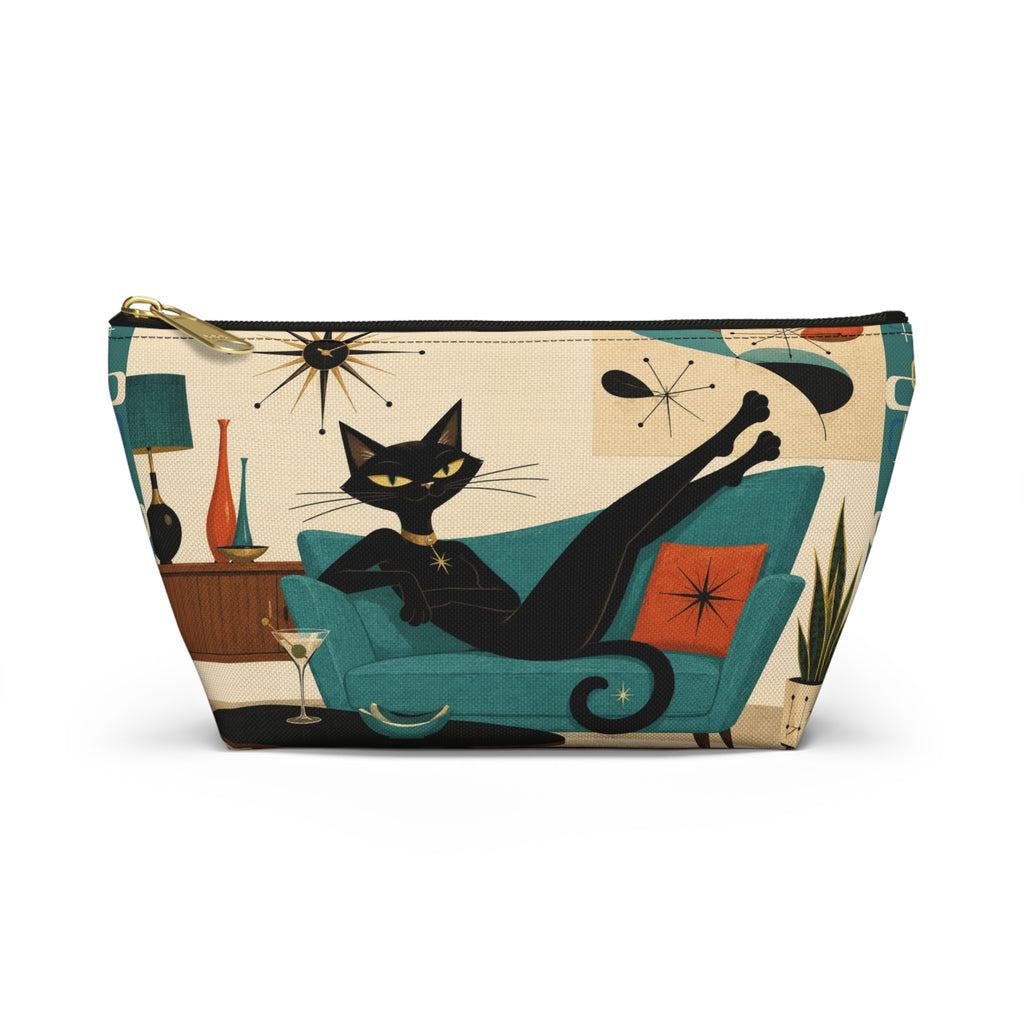 Mid Century Atomic Black Cat Lounge Accessory Pouch | T-Bottom Cosmetic Bag