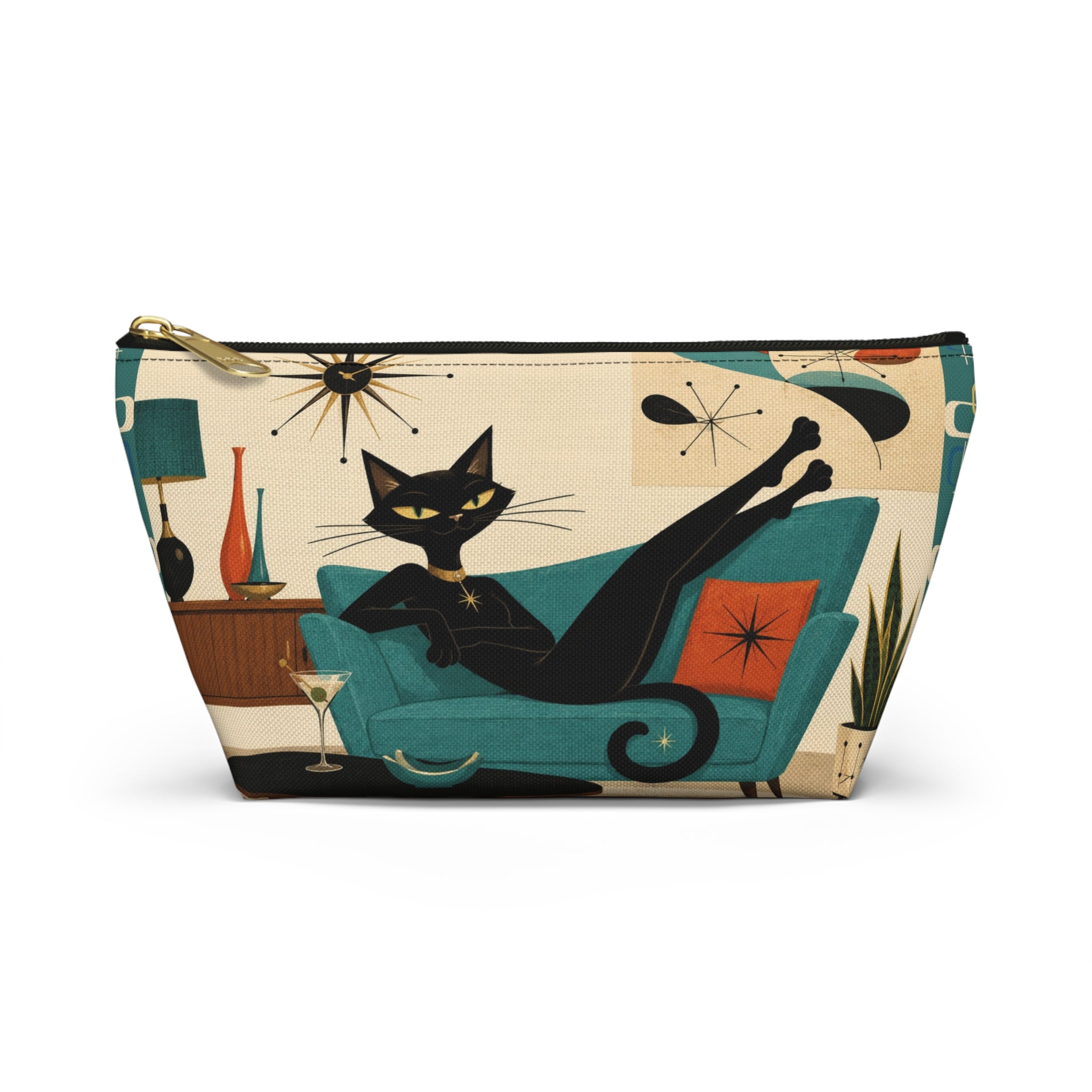 Mid Century Atomic Black Cat Lounge Accessory Pouch | T-Bottom Cosmetic Bag