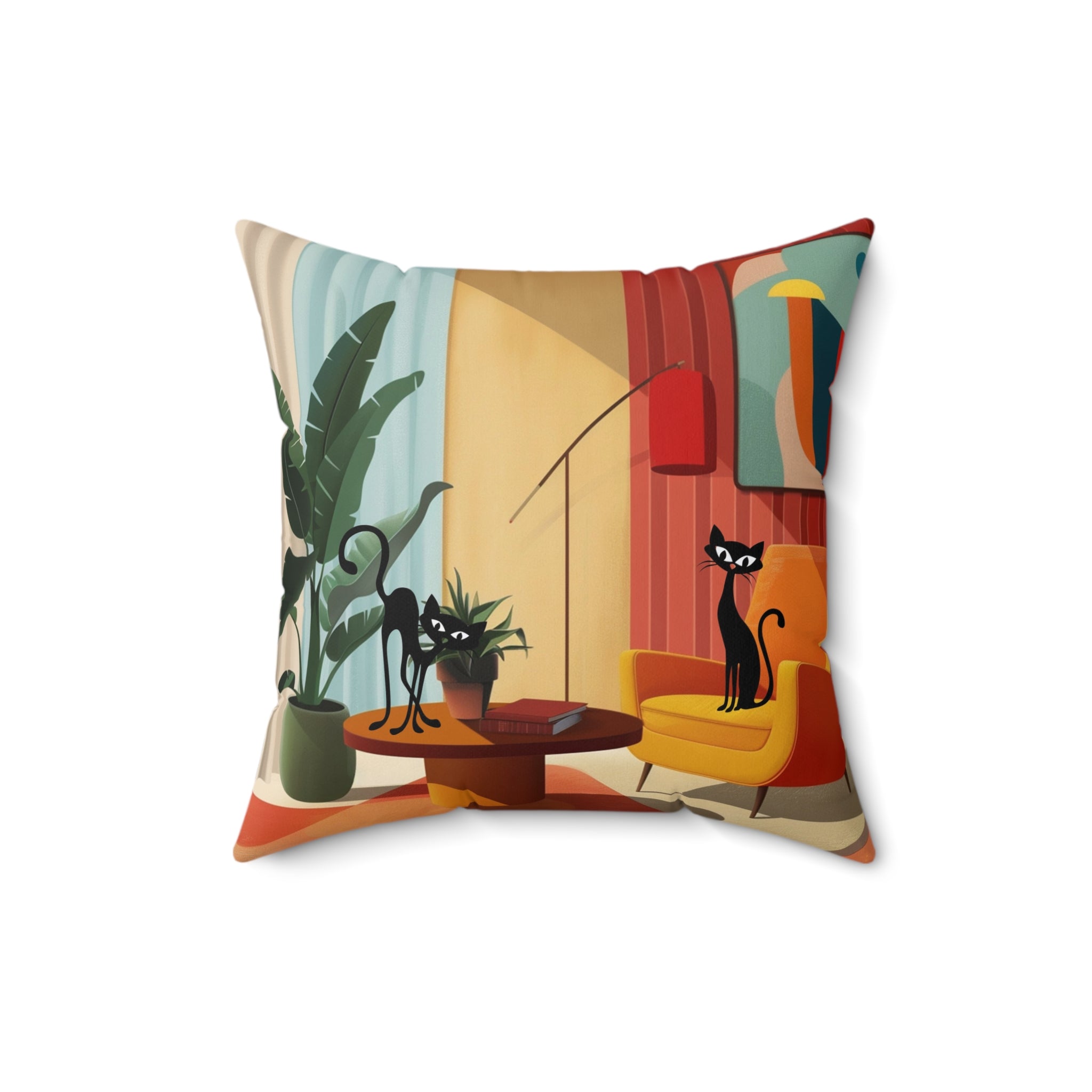 Atomic cat retro Spun Polyester Square Pillow, Mid Century Modern, mancave pillow, living couch scatter throw cushion, black cat lover gift