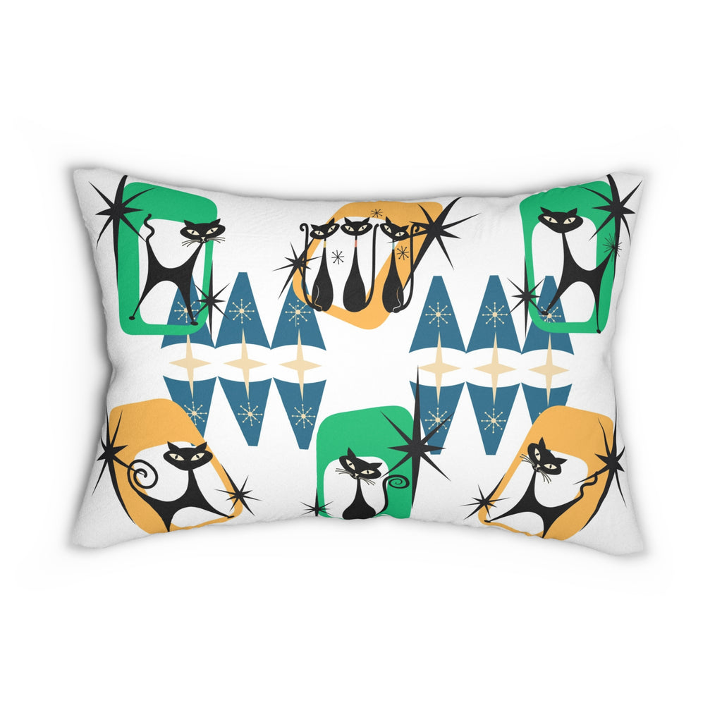 Mid Century Atomic cat retro Spun Polyester Lumbar Pillow, MCM home decor, 50s 60s inspired, black cat lover gift