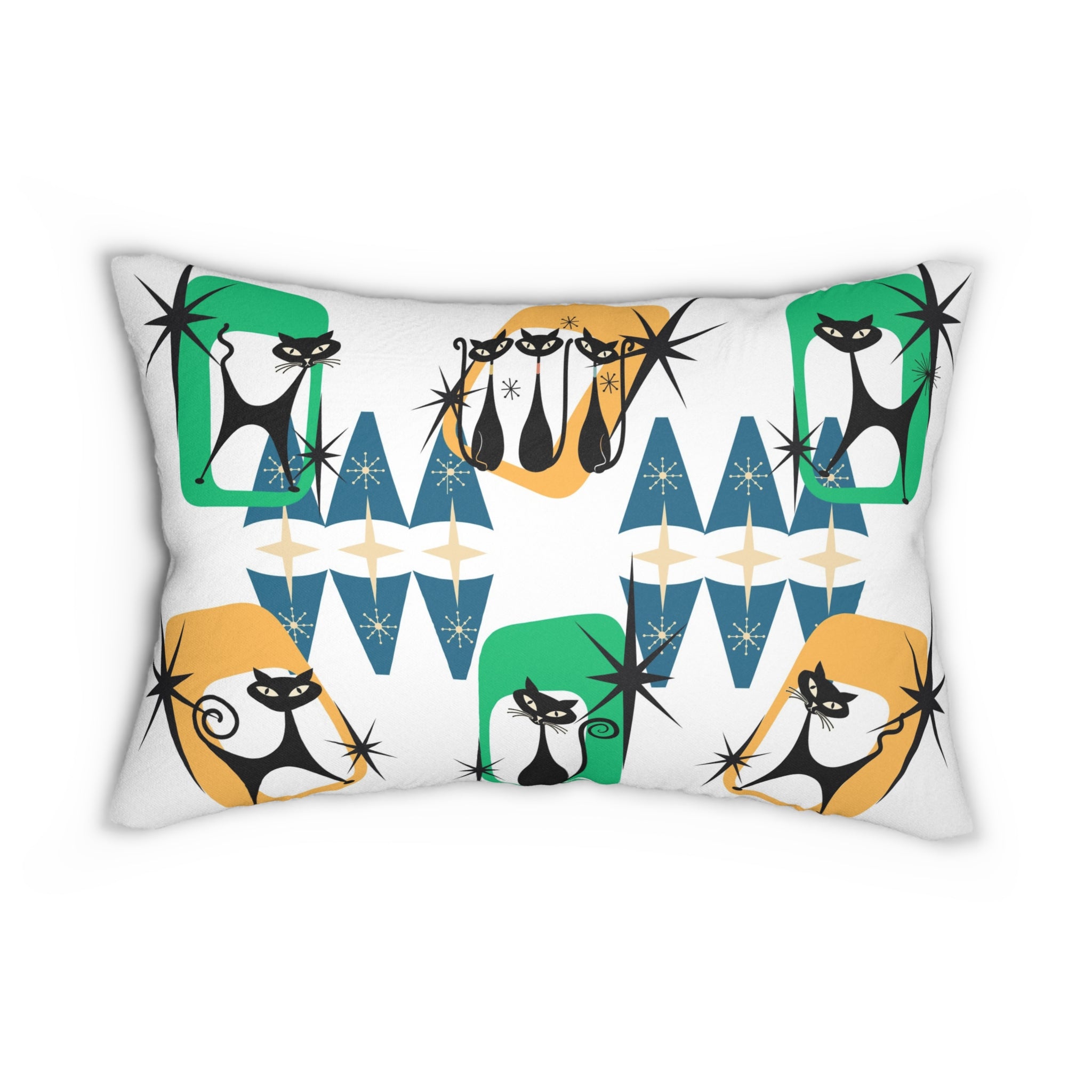 Mid Century Atomic cat retro Spun Polyester Lumbar Pillow, MCM home decor, 50s 60s inspired, black cat lover gift