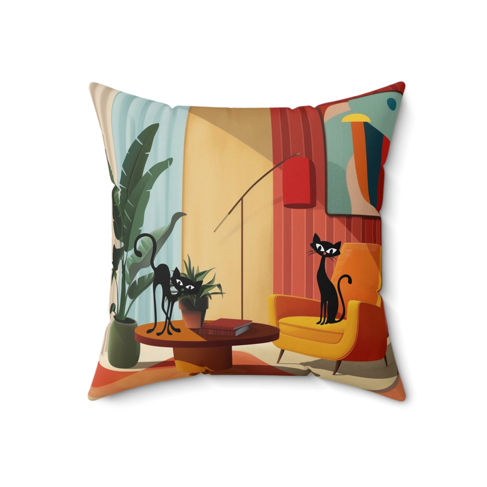 Atomic cat retro Spun Polyester Square Pillow, Mid Century Modern, mancave pillow, living couch scatter throw cushion, black cat lover gift