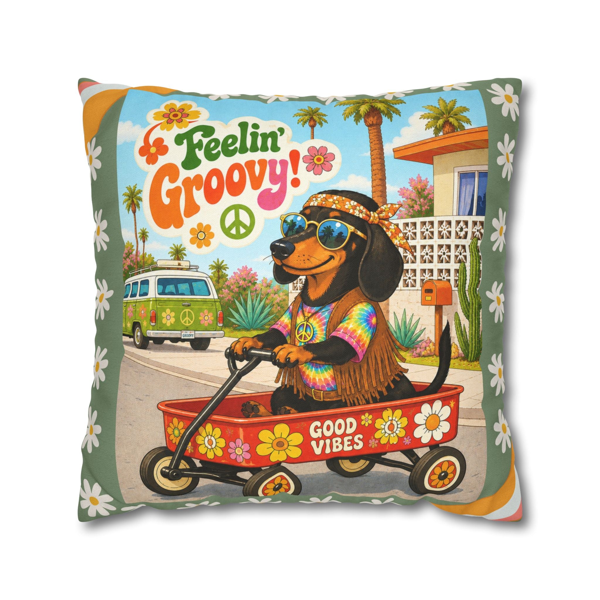 Feelin' Groovy retro Dachshund Pillowcase | 60s 70s pattern Square Decorative Pillow