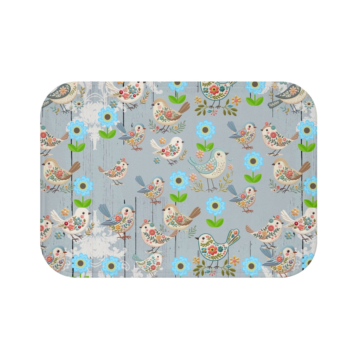 Rustic Woodgrain look little embroidery Birds (PRINTED LOOK ONLY) shabby chic Bath Mat