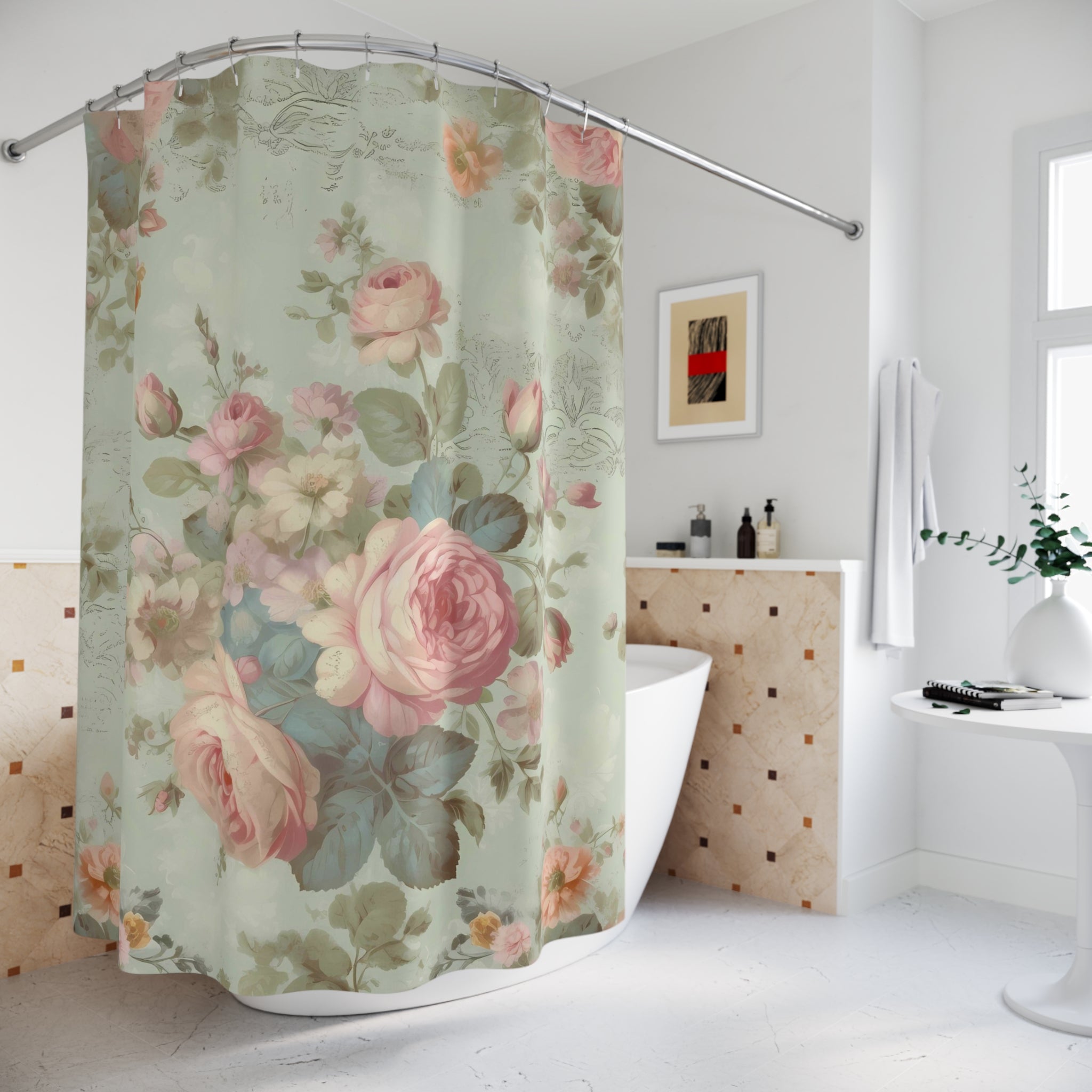 Blue with pink roses shabby chic shower curtain, vintage curtains, vintage bathroom decor, country cottage garden