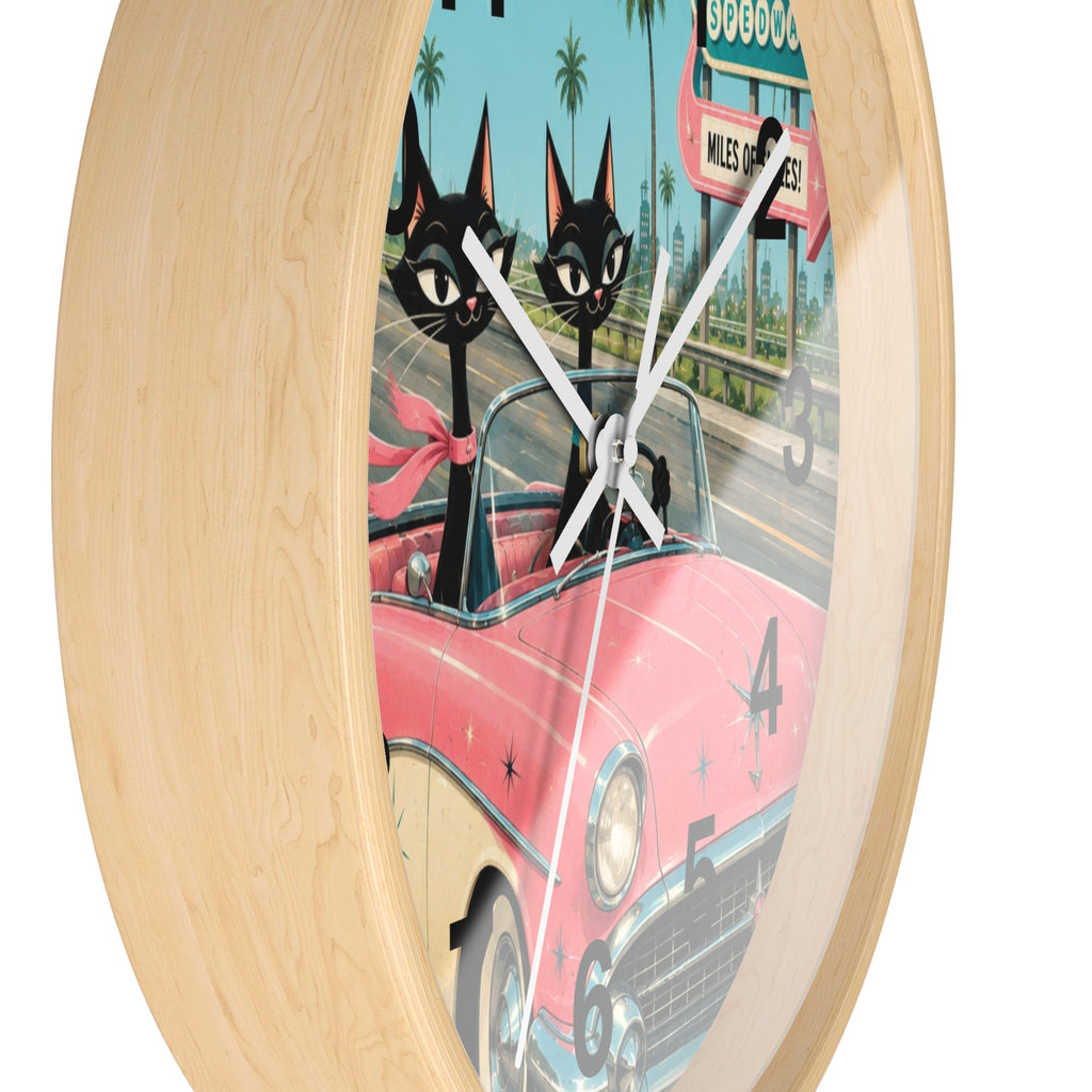 Retro Atomic Cat Roadtrip Wall Clock | Vintage Pink Convertible, Palm Trees