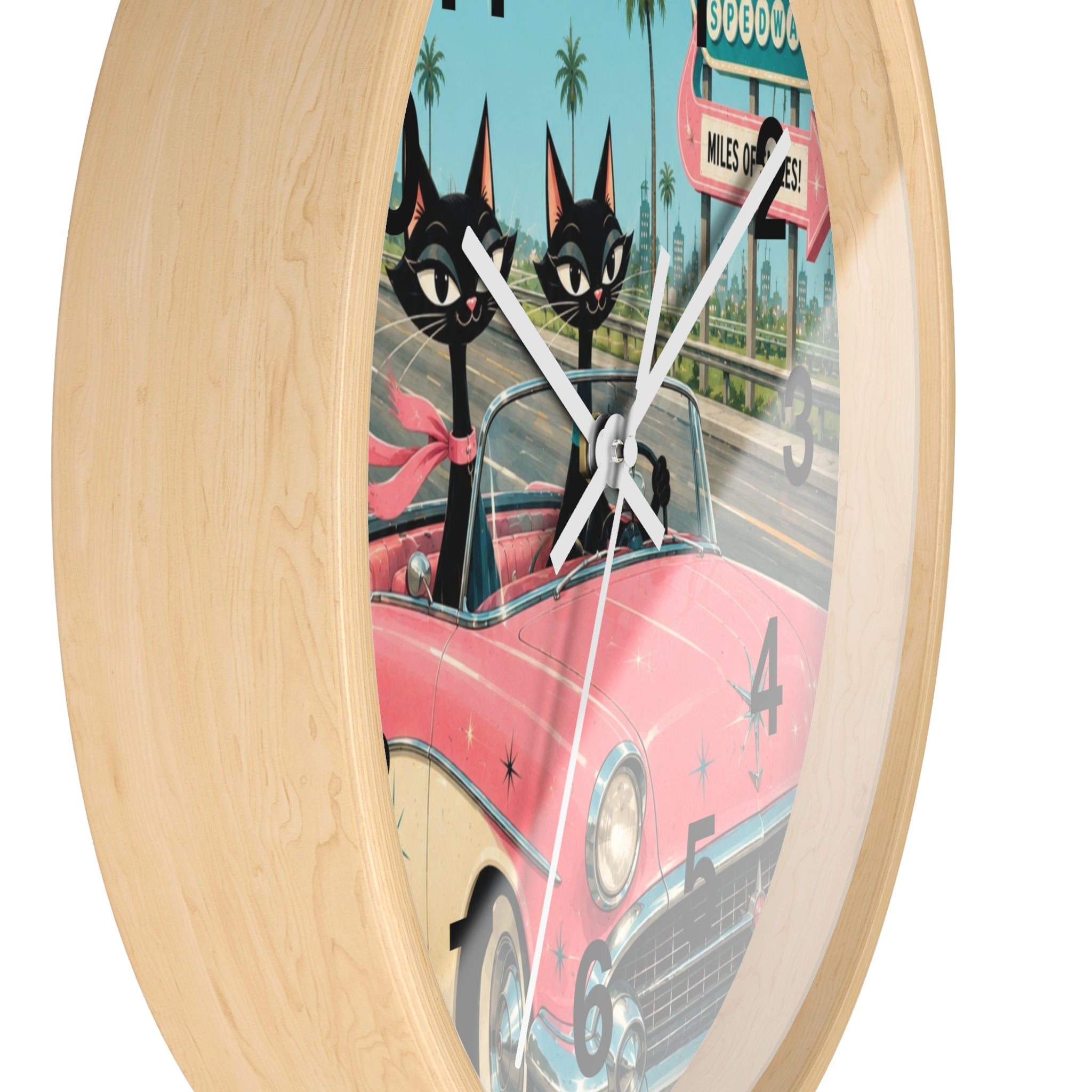 Retro Atomic Cat Roadtrip Wall Clock | Vintage Pink Convertible, Palm Trees