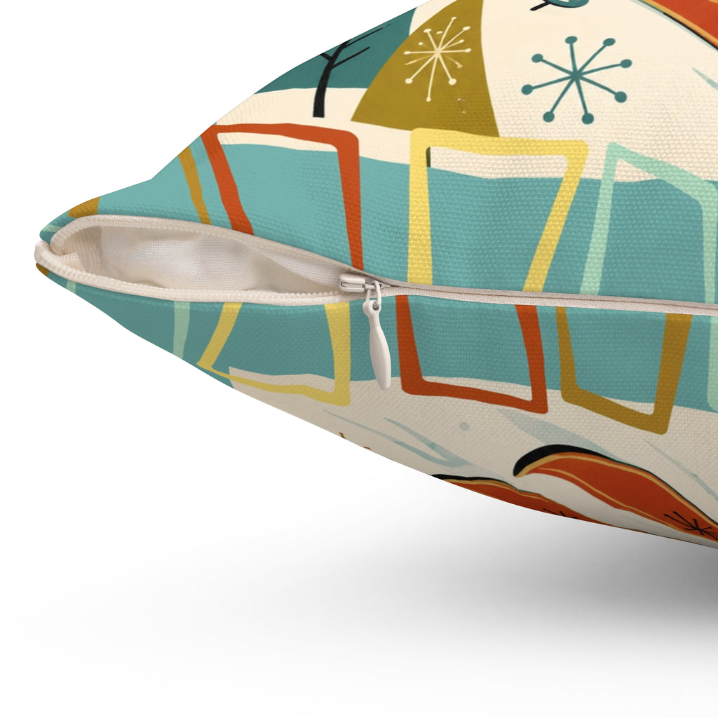 MCM Skiing Dachshund Pillow | Square Polyester Throw Pillow, Retro Winter Ski Art