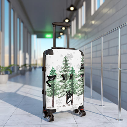 Happy holidays cute cat rolling travel Suitcase, pine trees, christmas carry on, christmas fall lumbar luggage