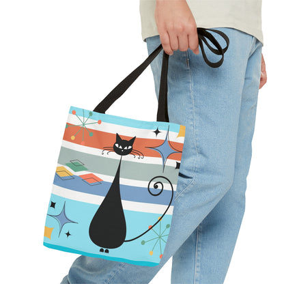 Atomic cat retro tote bag, black cat lover, mid century modern tote carry bag