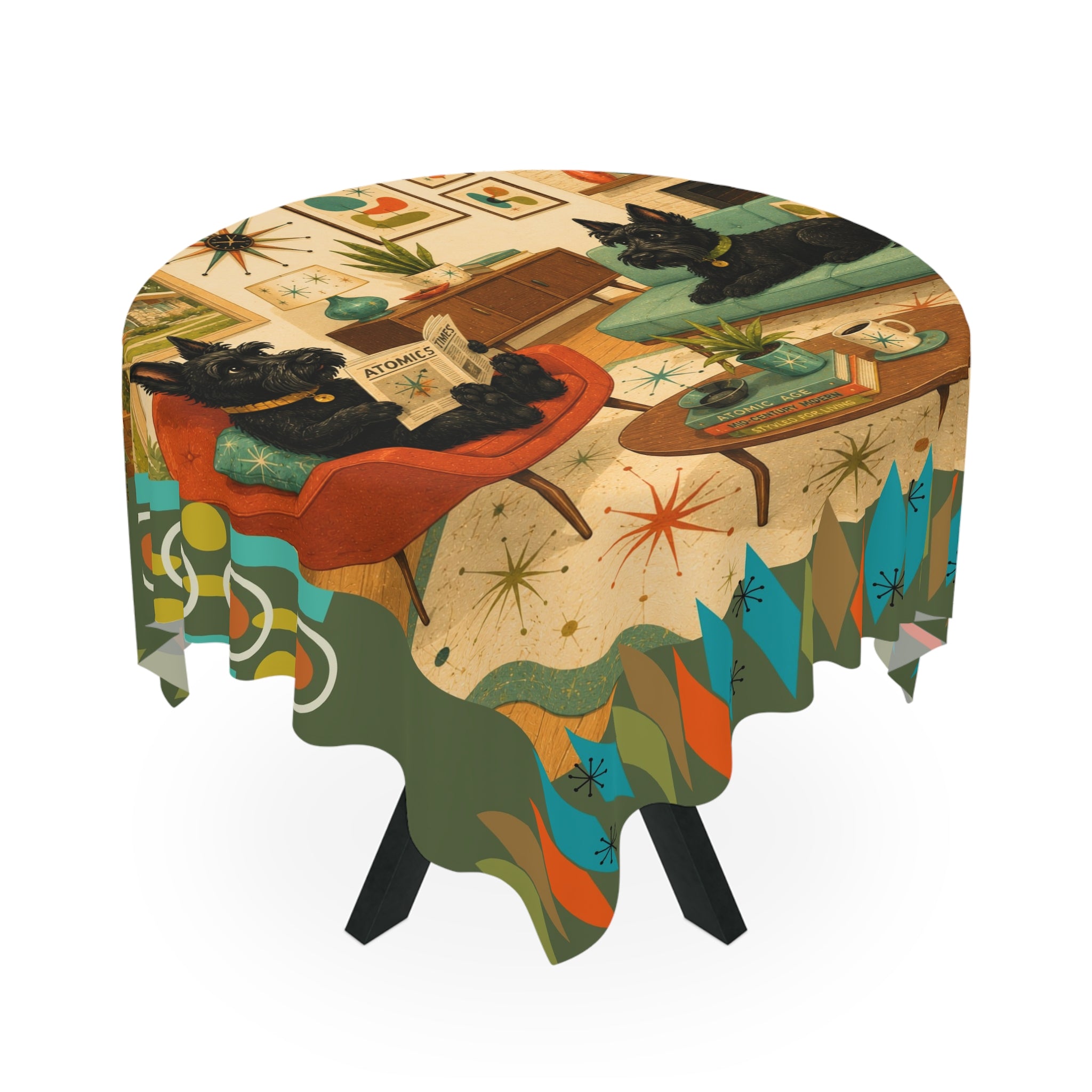 Mid Century Living Room with Scottish Terriers Tablecloth | Retro Atomic Print