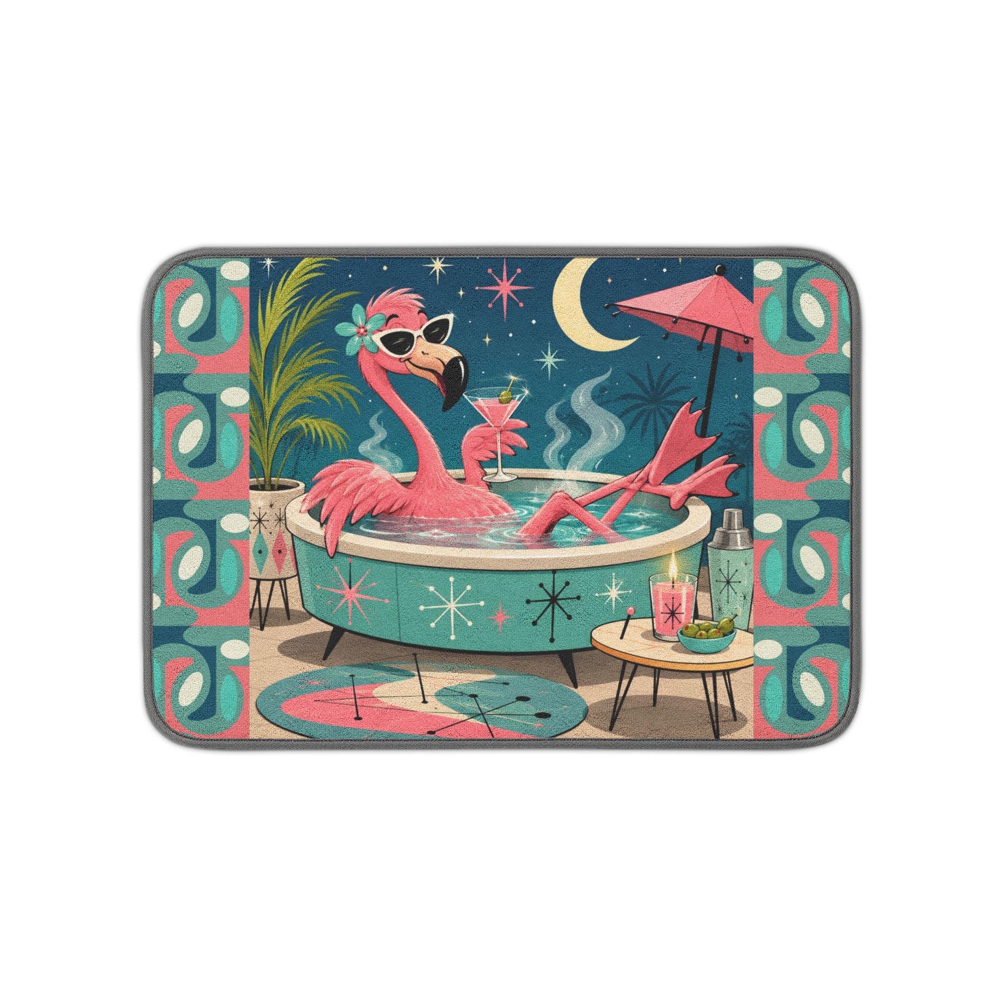 Retro Flamingo Spa Microfiber Kitchen Dish Mat | Pink Flamingo Bath Design