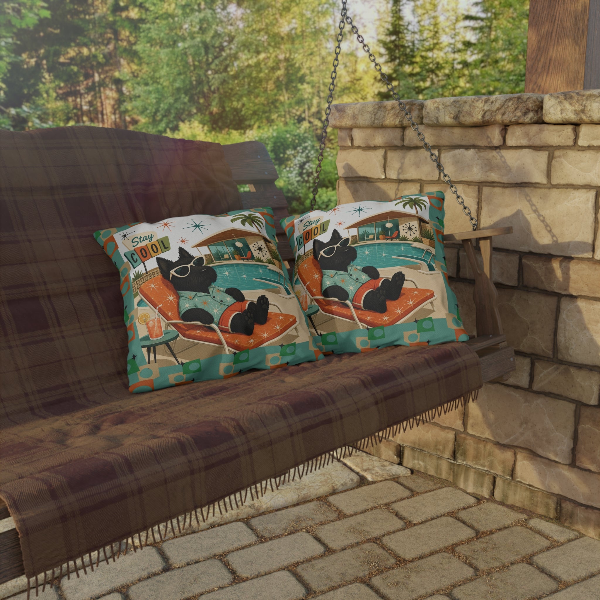 Retro Poolside Scottie Dog Stay Cool Outdoor Pillow | Mid Century Modern