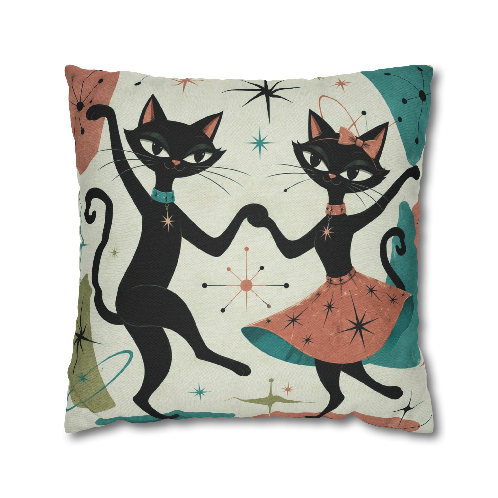 Dancing Retro Atomic Black Cats Pillowcase | Square Throw Pillowcase - COVER ONLY