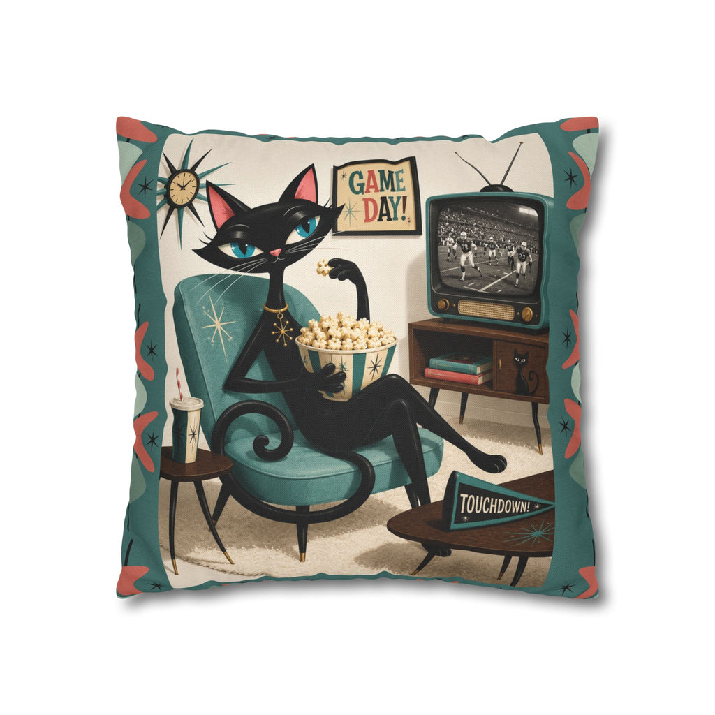 Retro Atomic Black Cat Watching Football Pillowcase | MCM Square Throw Pillowcase - Indoor use