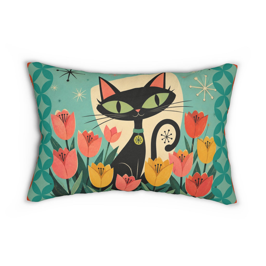 Retro Atomic Black Cat Tulips lumbar pillow | Mid Century Modern cat throw pillow