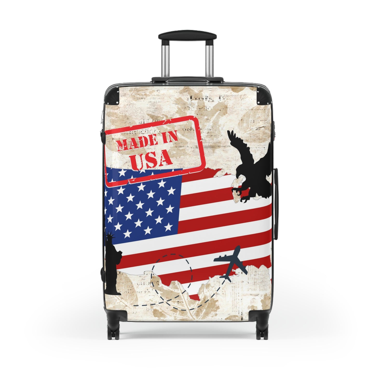 Made in the USA Suitcase on wheels, carry on luggage, travel for holidays, patriotic design, American hard shell lockable case