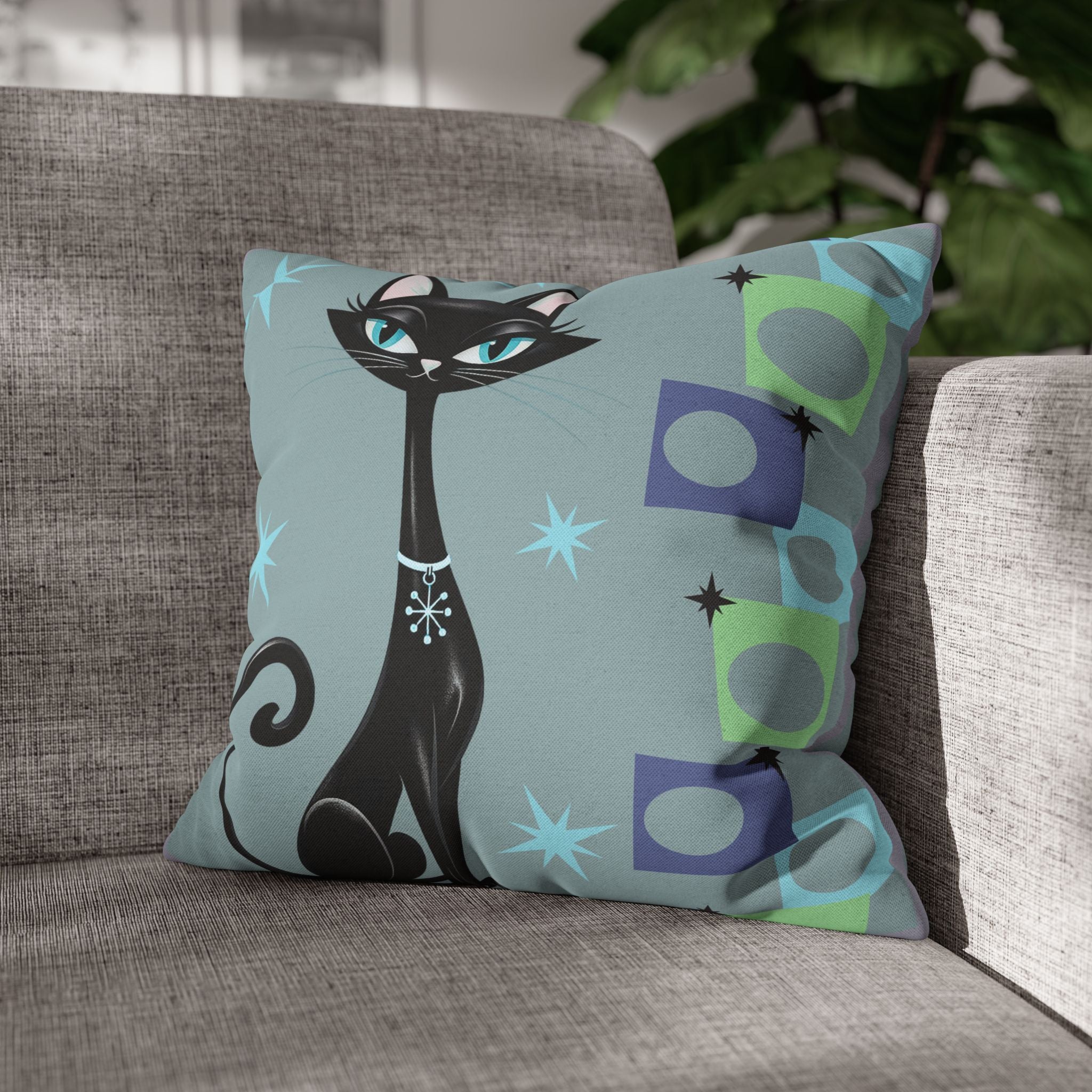 Retro Atomic Black Cat Pillowcase | Square Polyester Throw Pillowcase MCM
