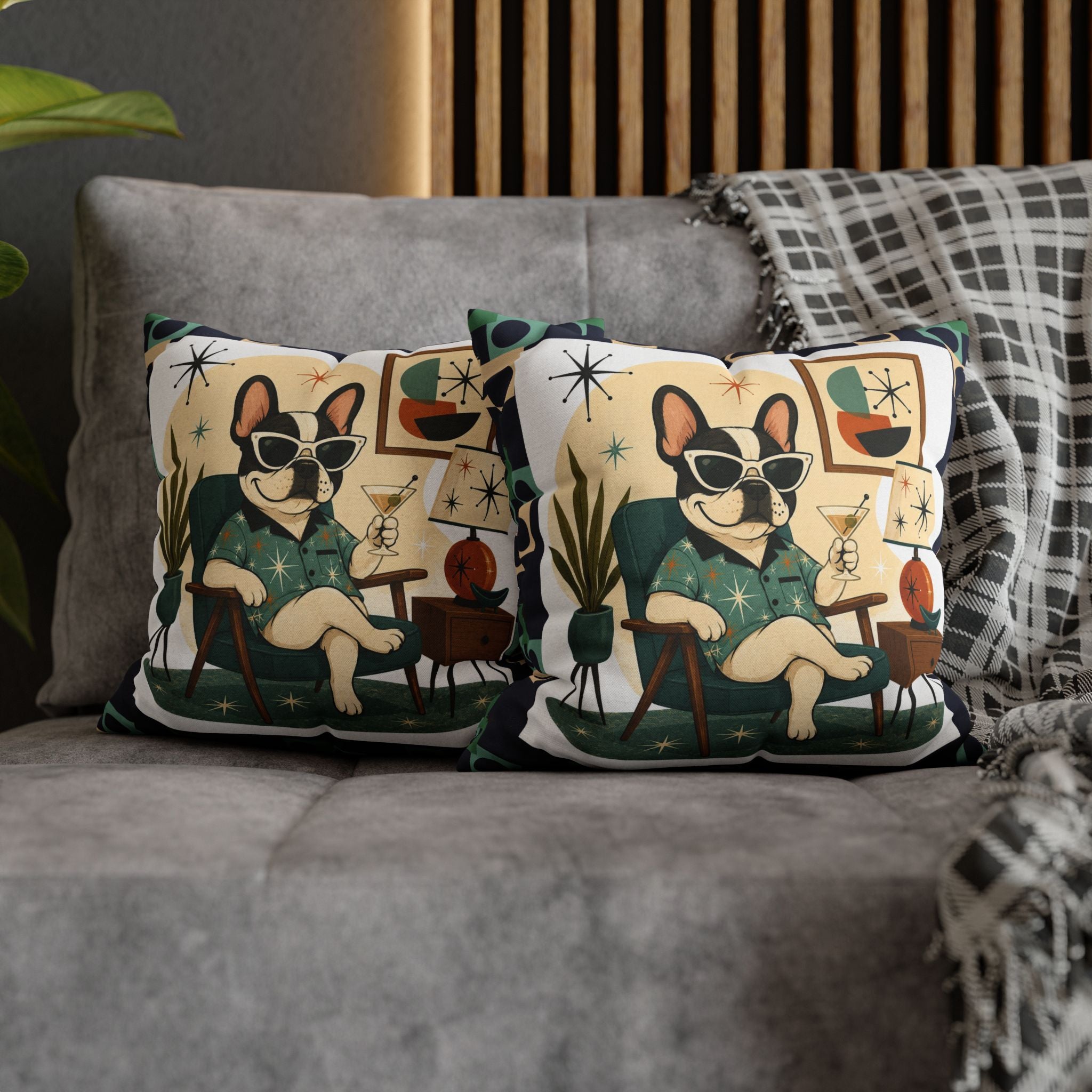 Retro Mid Century French Bulldog Pillowcase | Square Throw Pillowcase - COVER ONLY