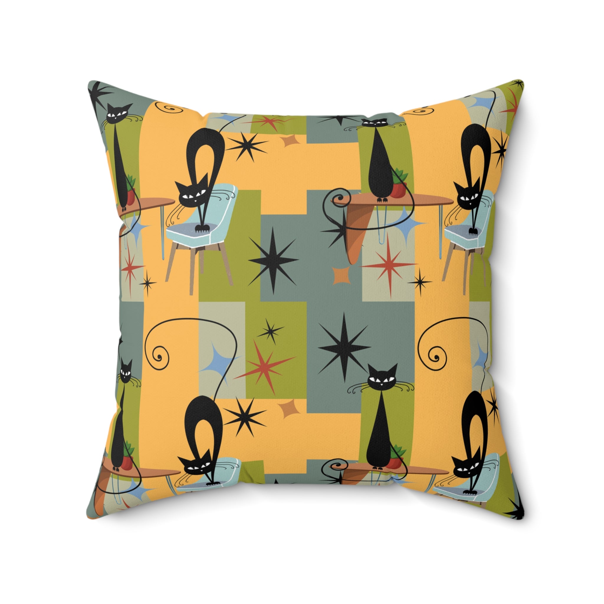 Mid-Century Black Cat Decorative Pillow — Retro Starburst Pattern