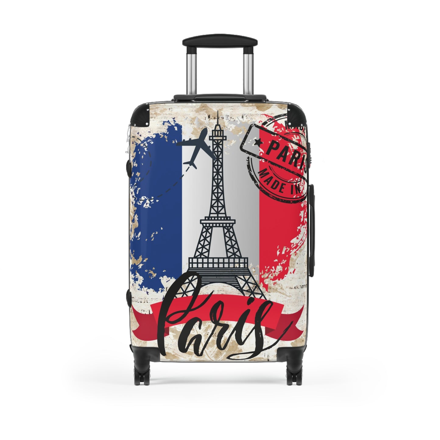 Made in Paris suitcase on wheels,  holiday in France, roller case, secure lockable carry on bags, hard shell travel suitcase