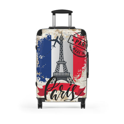 Made in Paris suitcase on wheels,  holiday in France, roller case, secure lockable carry on bags, hard shell travel suitcase