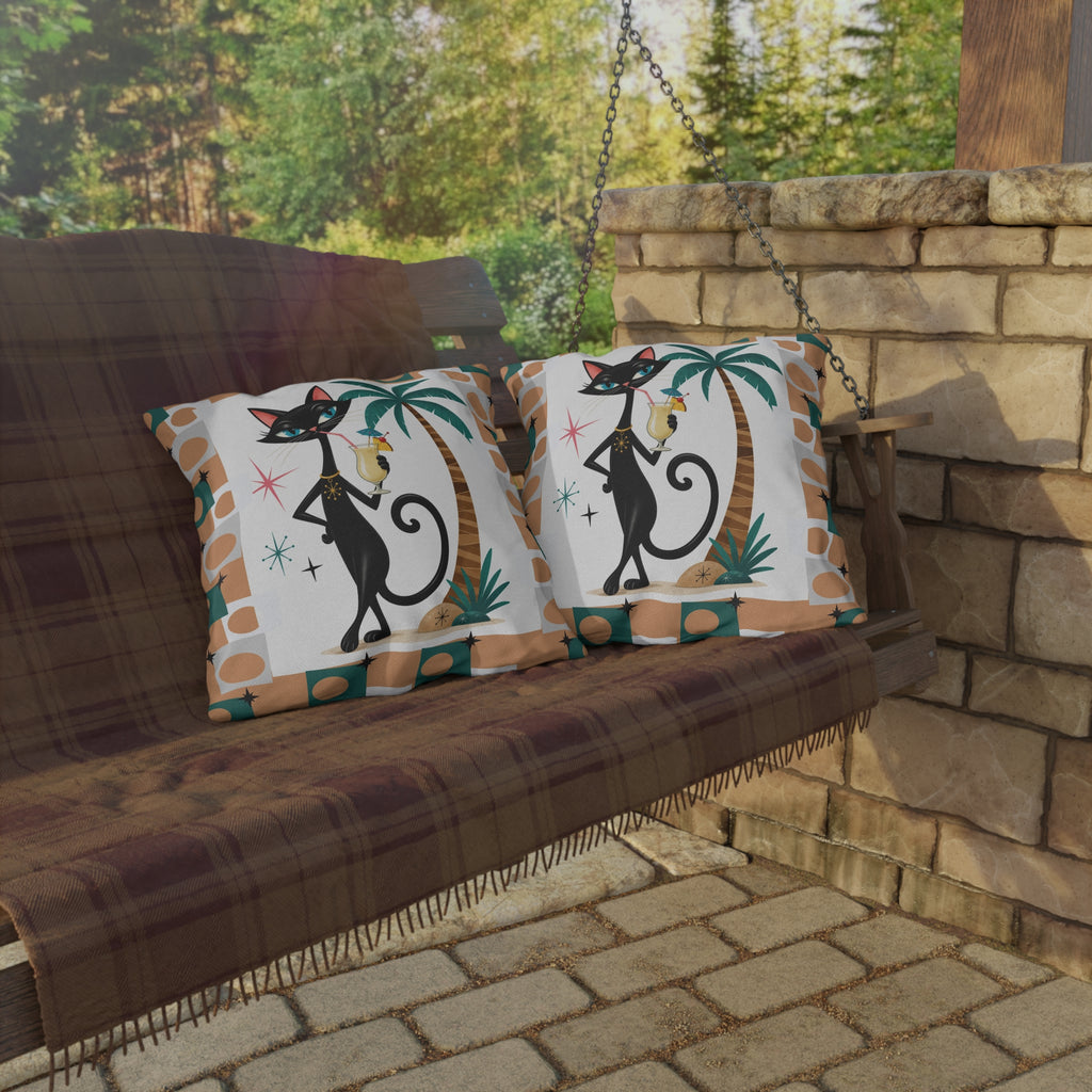 Retro Atomic Black Cat Tiki Outdoor Pillow | Palm Tree Cocktail Cushion