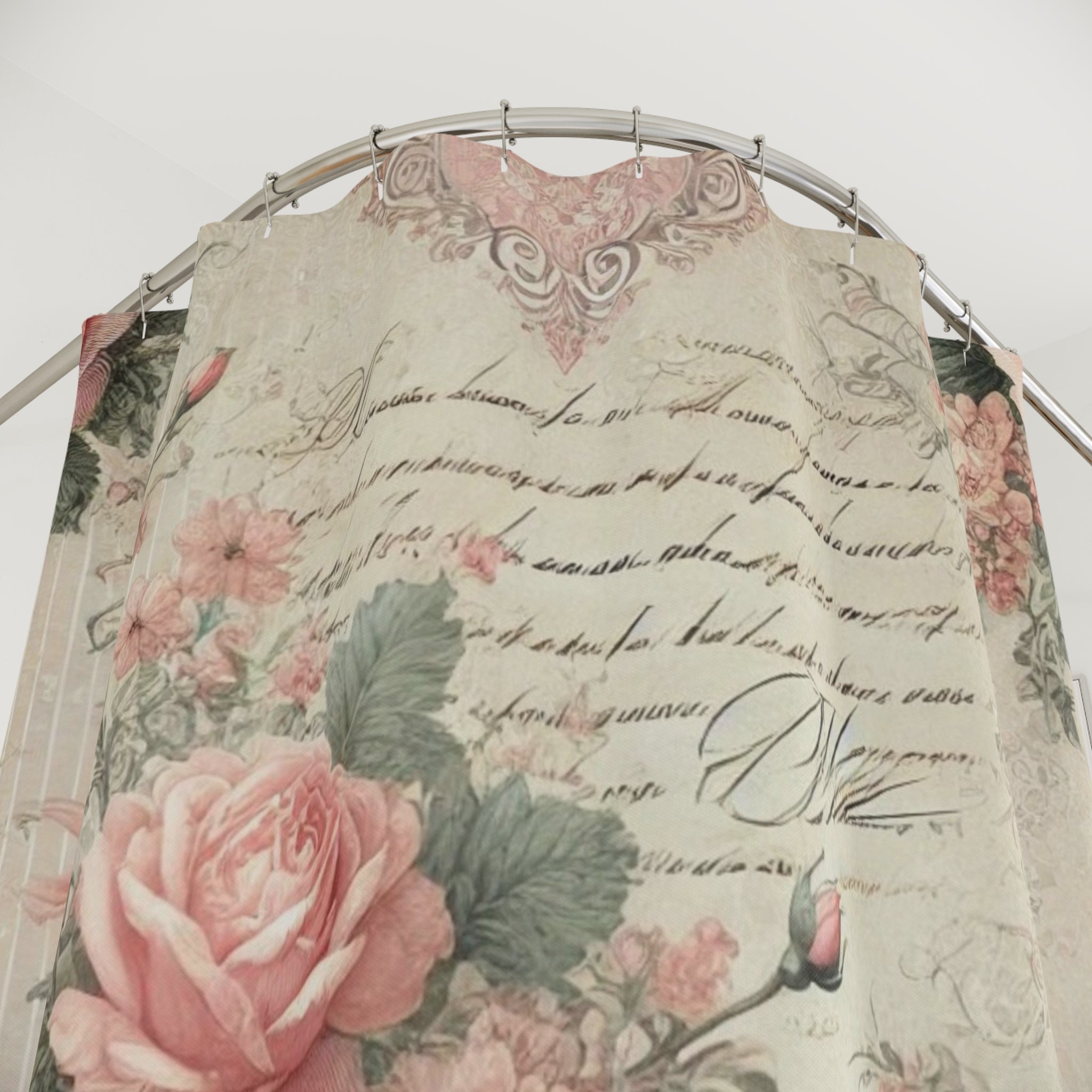 Pink floral Shabby chic vintage script Shower Curtain, French country, elegant bathroom decor, stall shower curtain