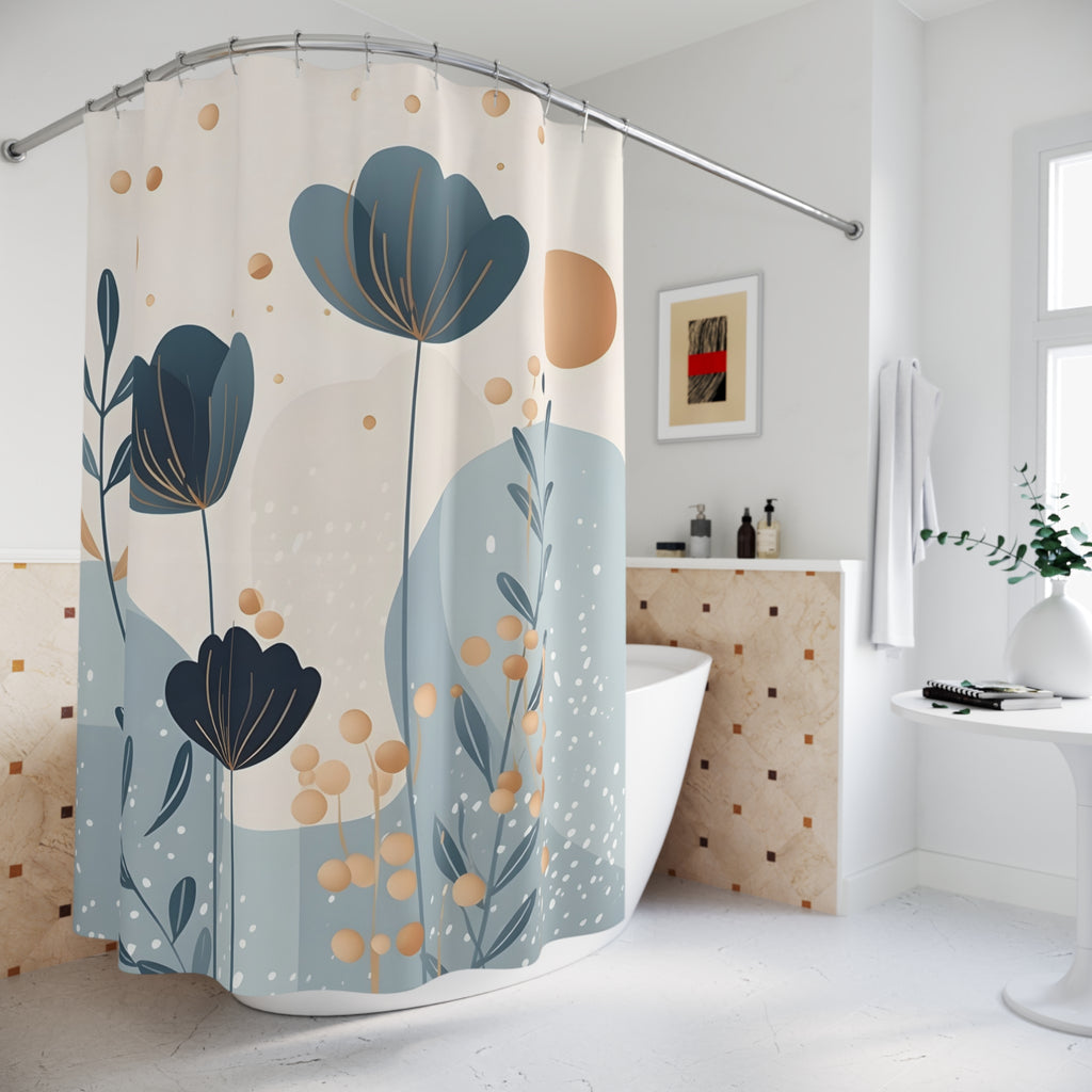 Floral Serenity Shower Curtain — Abstract Blue & Beige Botanical Bathroom Décor
