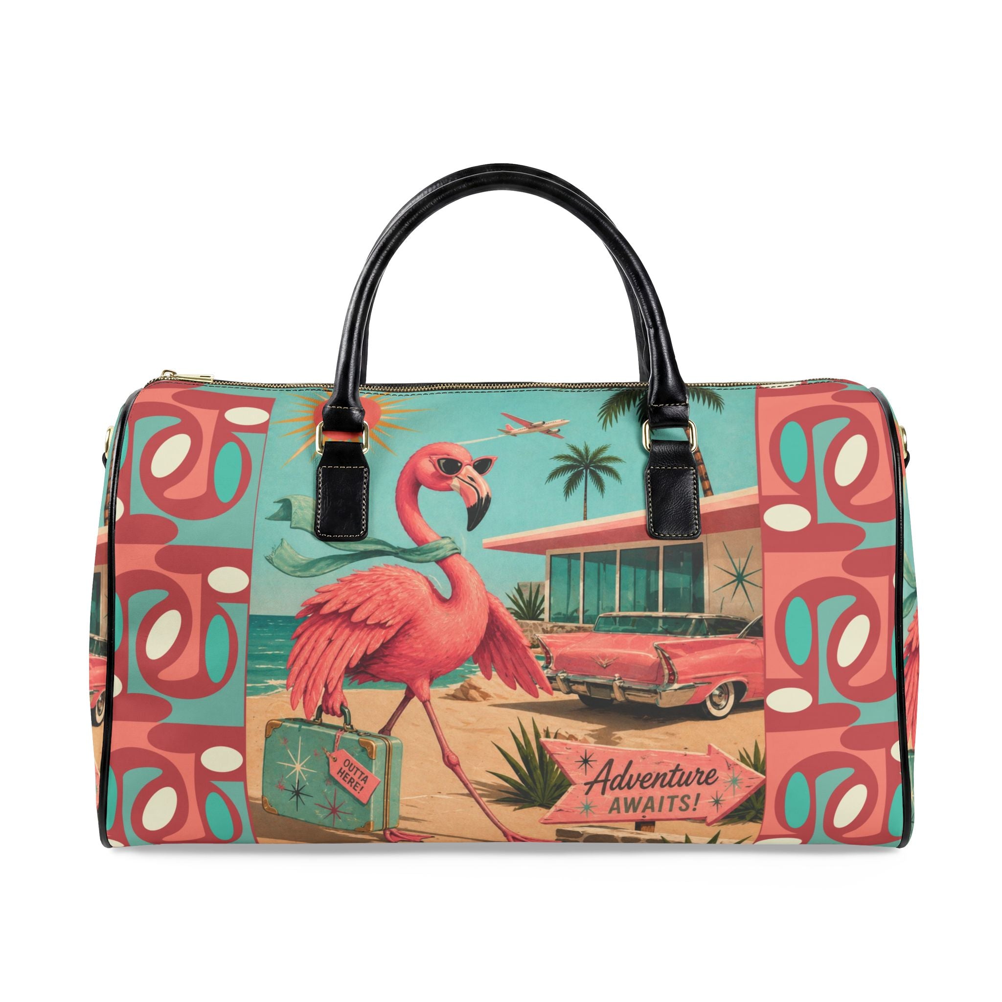 Retro Flamingo fly away Beach Duffle Faux Leather Travel Bag | Vintage Tiki Roadtrip