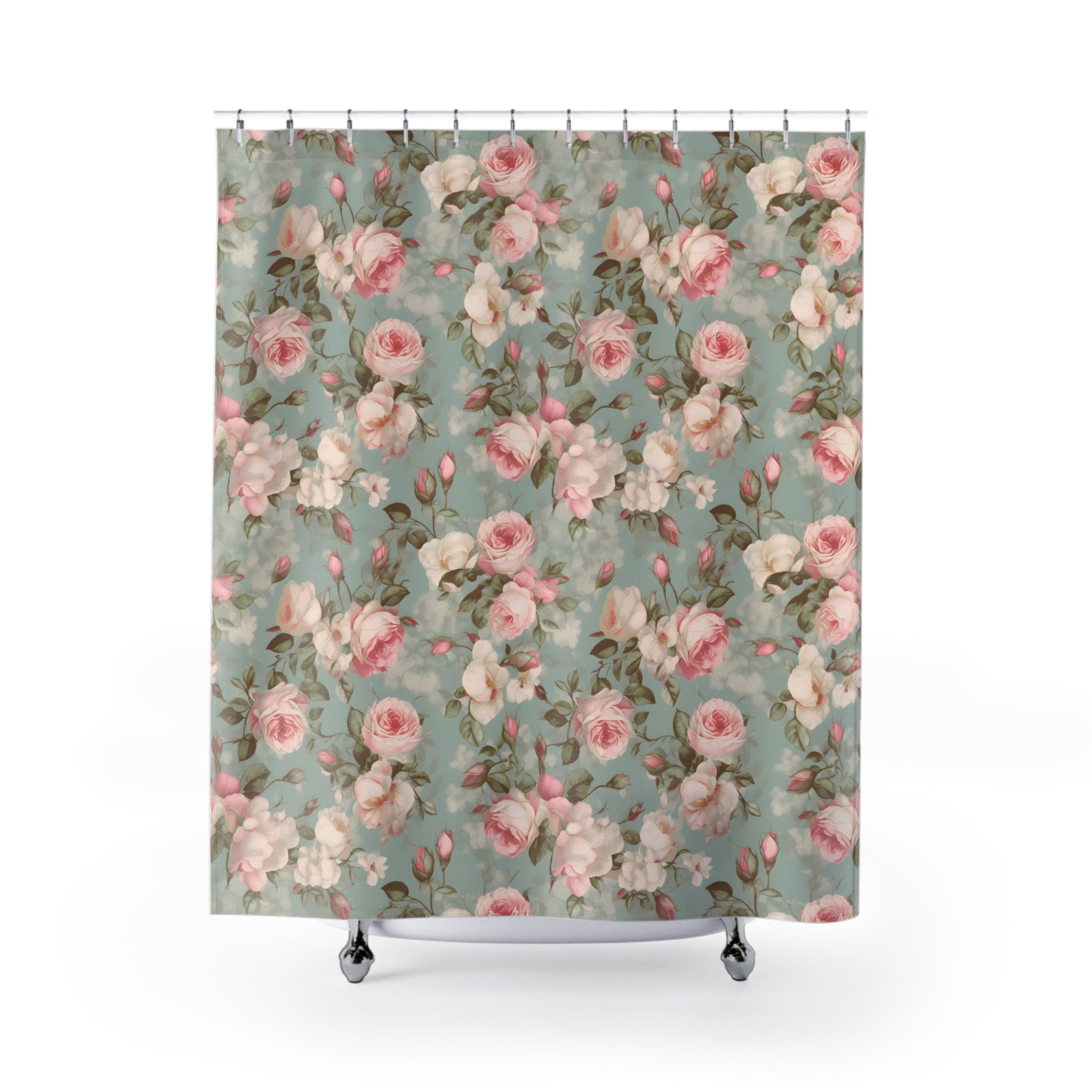 Dusky pink roses and grey shabby chic shower curtain, vintage bath decor, cottage garden, cute floral shower curtains, flower curtains
