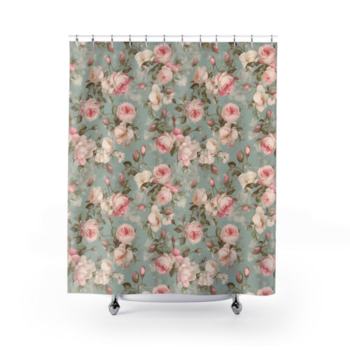 Dusky pink roses and grey shabby chic shower curtain, vintage bath decor, cottage garden, cute floral shower curtains, flower curtains