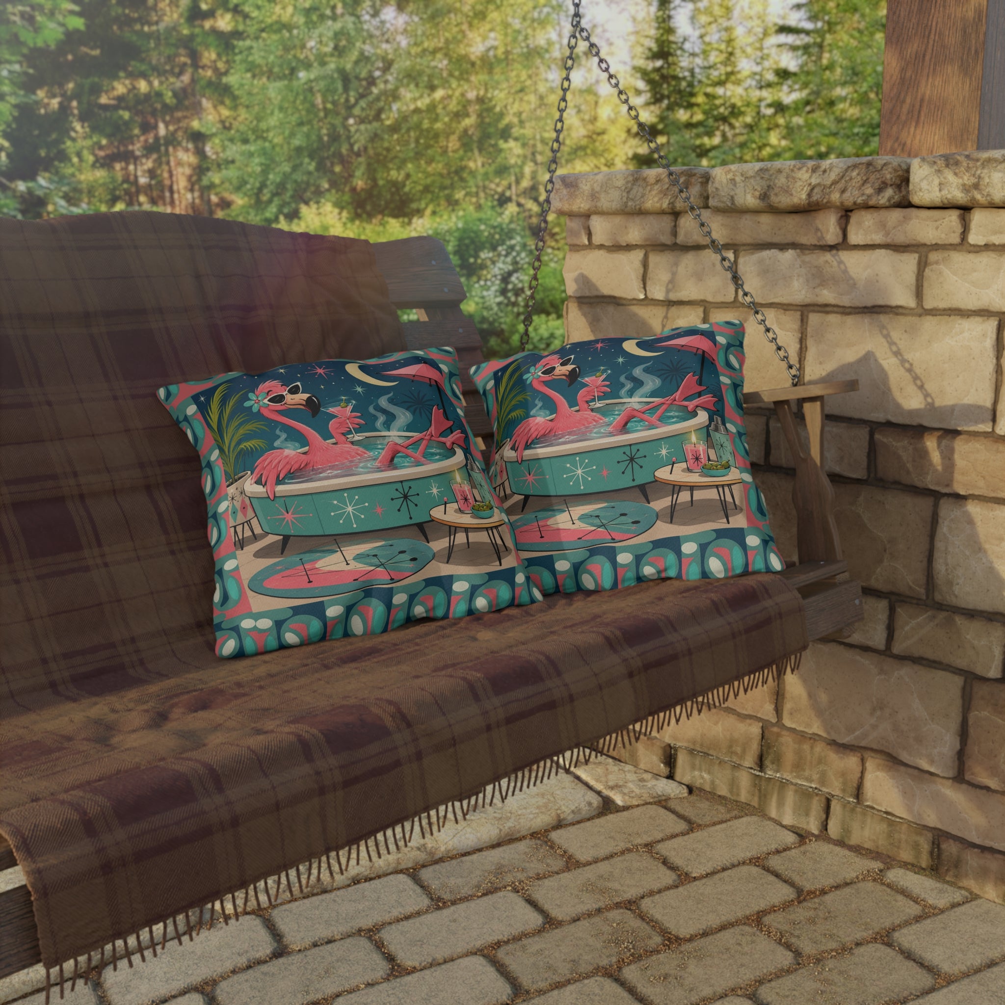 Retro Flamingo in Hot Tub Outdoor Pillow | Mid Century Tropical Patio Decor