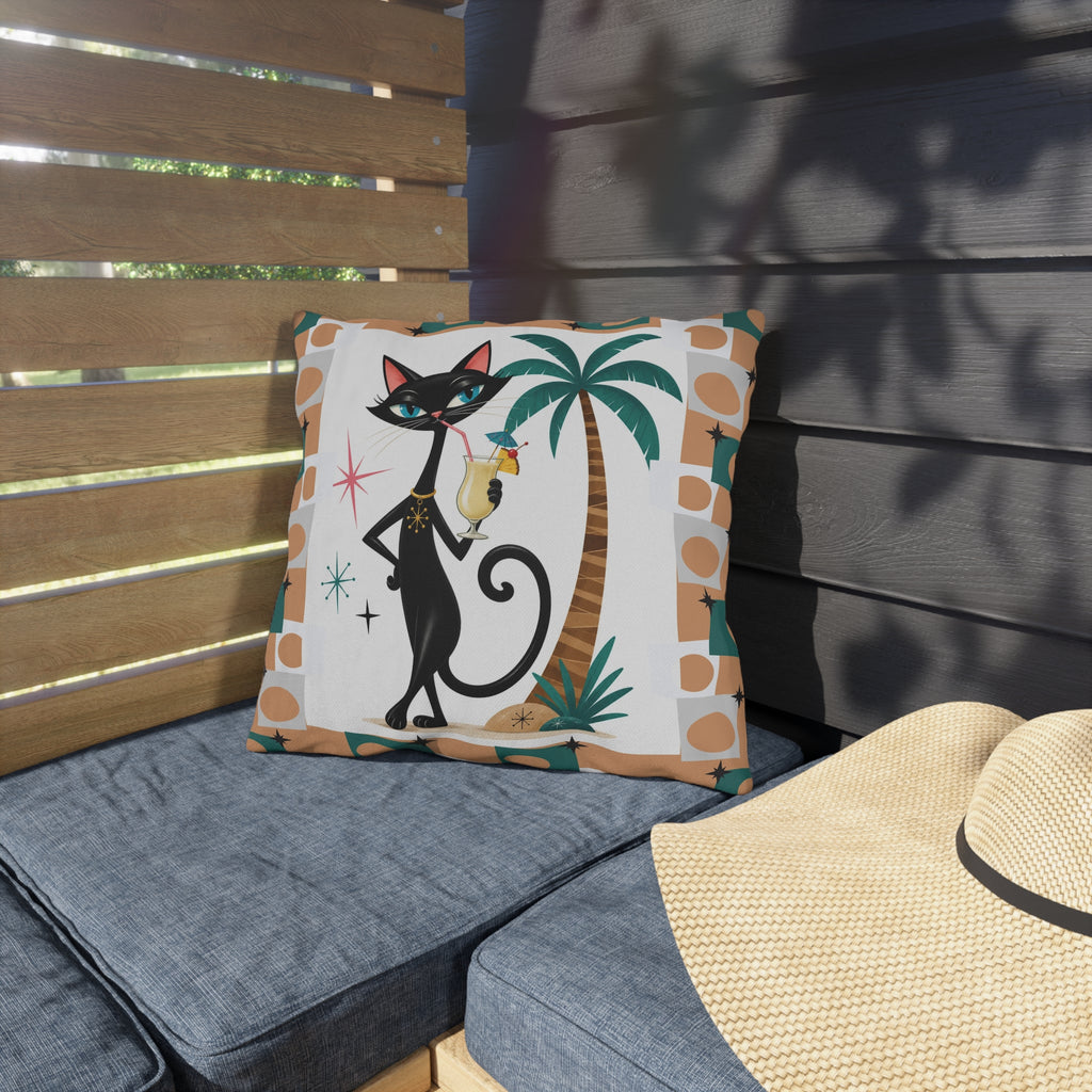 Retro Atomic Black Cat Tiki Outdoor Pillow | Palm Tree Cocktail Cushion