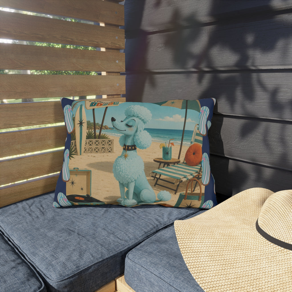 Retro Atomic Beach Blue Poodle Outdoor Pillow | Mid Century Coastal Decor