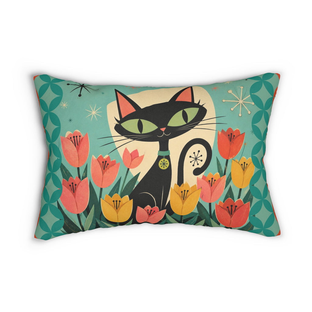 Retro Atomic Black Cat Tulips lumbar pillow | Mid Century Modern cat throw pillow