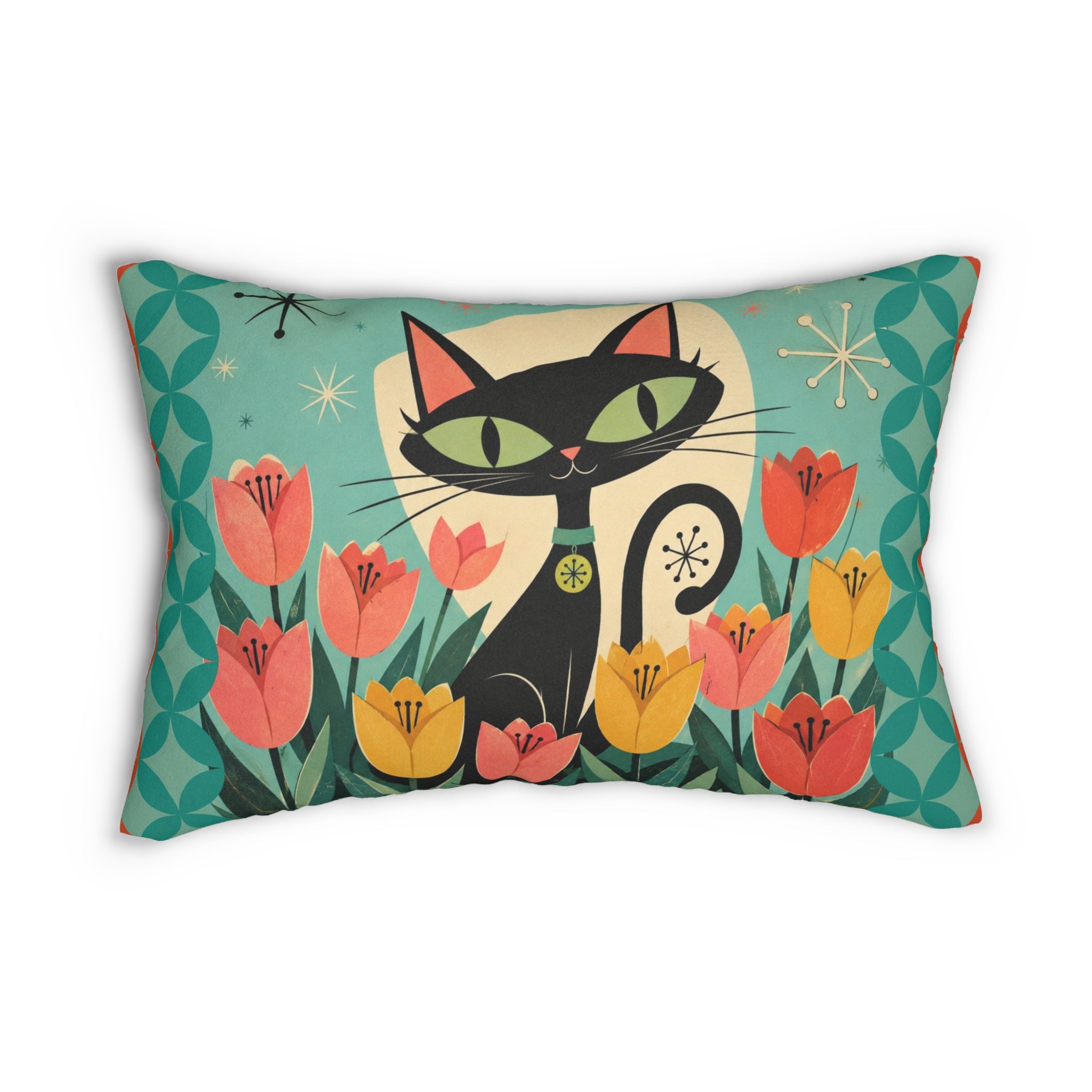Retro Atomic Black Cat Tulips lumbar pillow | Mid Century Modern cat throw pillow